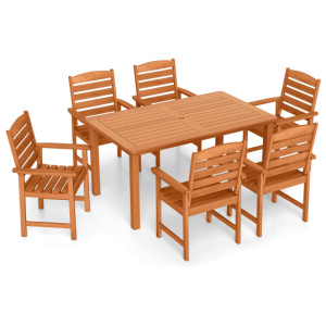 7 Pcs Outdoor Dining Set Teak Oil Finish Slatted Rectangular Dining Table and 6 Armchairs