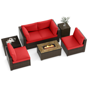 7 Pieces Outdoor Furniture Set with 32 Inch Fire Pit Table and Propane Tank Cover-Red