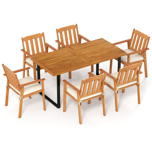 7 Pieces Patio Dining Table Set 63" Rectangle Table and 6 Acacia Wood Armchairs