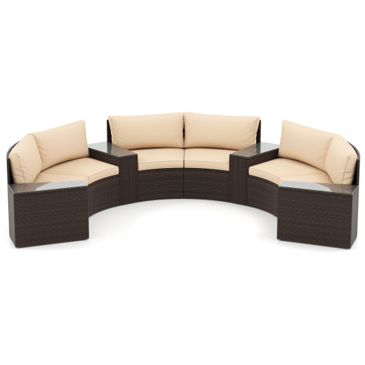 7 Pieces Patio Furniture Set PE Rattan Half-Moon Curved Sofas with Side Tables-Brown