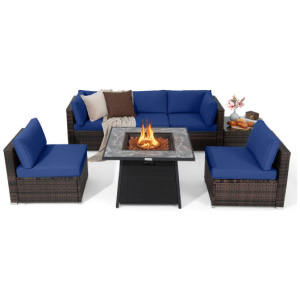 7 Pieces Patio Furniture Set with 35 Inches 50000 BTU Propane Gas Fire Pit Table and Waterproof Cover for Firpit-Navy