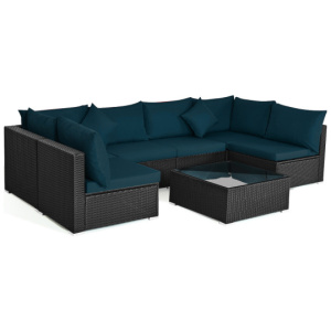 7 Pieces Sectional Wicker Furniture Sofa Set with Tempered Glass Top-Peacock Blue