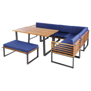 8 Pieces Patio Acacia Wood Dining Table Set with Ottoman Cushions-Navy