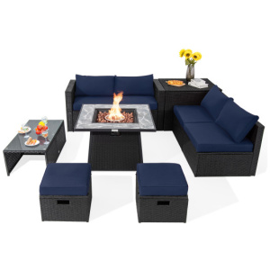 9 Pieces Outdoor Wicker Sectional with 35 Inch Gas Fire Pit Table-Navy