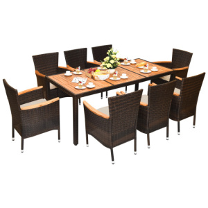 9 Pieces Rattan Dining Set with Acacia Wood Table and Stackable Cushioned Chairs