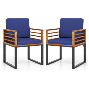 Acacia Wood Outdoor Dining Chairs Set of 2 with Soft Cushions-Navy