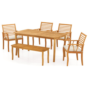 Acacia Wood Outdoor Table and Bench Chairs Set with 1.97 Inch Umbrella Hole