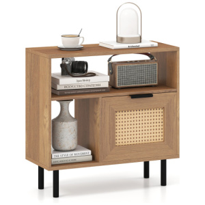 Accent Side End Table with Storage Shelf and Cabinet for Small Space-Natural