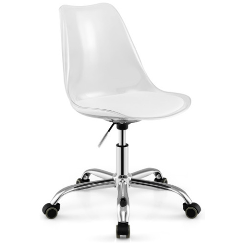Armless Rolling Office Chair with Swivel Seat and PU Leather Cushion-Clear