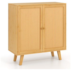 Bamboo Buffet Storage Cabinet with PE Rattan Doors and Freestanding Kitchen Cupboard-Natural