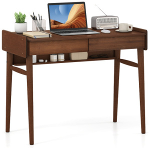 Bamboo Writing Desk with 2 Storage Drawers and Open Shelf-Walnut