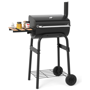 Barrel Charcoal Grill with Foldable Side Table and Thermostat-Black