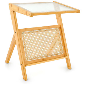Boho End Table with Magazine Rack and Tempered Glass Top-Natural