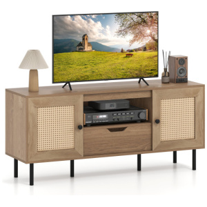 Boho TV Stand for 60 Inch TV Entertainment Center with Cabinets and Storage Shelf-Natural