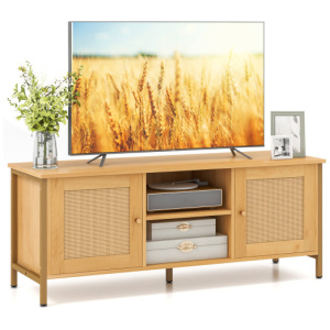 Boho TV Stand for TV up to 55 Inches with Faux Rattan Door-Natural