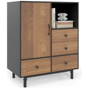 Buffet Sideboard Mid Century Modern Storage Cabinet with 4 Drawers and Open Compartment-Black