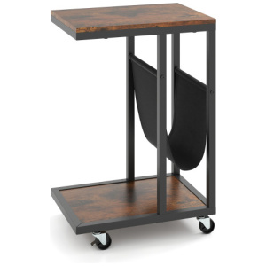 C-shaped Side Table with Canvas Storage Pouch and Metal Frame-Borwn