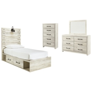 Cambeck Twin Panel Bed with 4 Storage Drawers with Mirrored Dresser and Chest, Whitewash