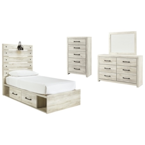 Cambeck Twin Panel Bed with 4 Storage Drawers with Mirrored Dresser and Chest, Whitewash