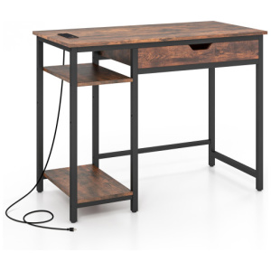 Computer Desk with Charging Station and Drawer & Adjustable Shelf-Rustic Brown
