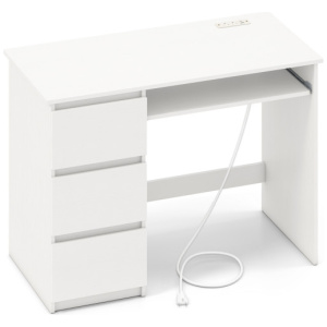 Computer Desk with Power Outlet Keyboard Tray and 3 Large Drawers-White