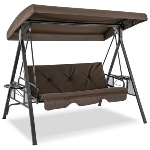 Convertible 3-Seat Patio Porch Swing Chair to Flat Bed with Adjustable Canopy-Brown