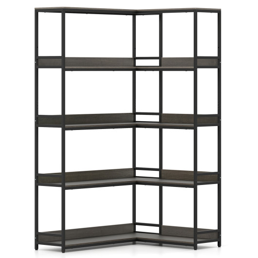 Corner Bookshelf 5-Tier L-Shaped Bookcase Etagere Bookshelf with Metal Frame-Oak