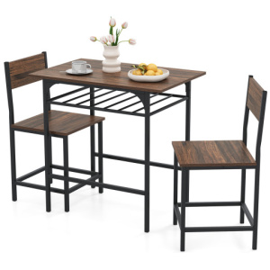 Dining Table Set with Metal Frame and Storage Rack-Rustic Brown
