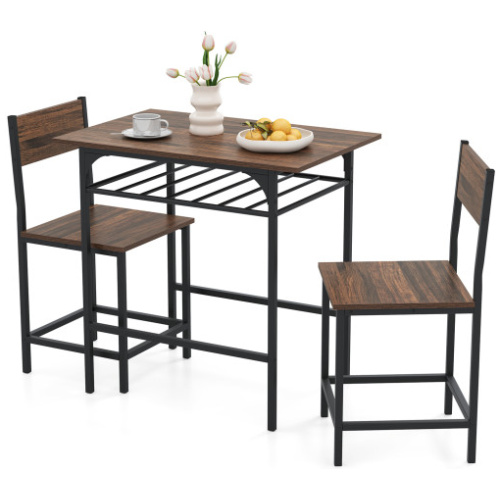 Dining Table Set with Metal Frame and Storage Rack-Rustic Brown