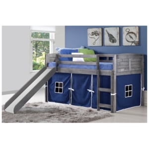 Donco Kids Louver Twin Loft Bed with Slide and Tent, Antique Gray/Blue