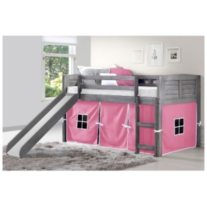 Donco Kids Louver Twin Loft Bed with Slide and Tent, Antique Gray/Pink
