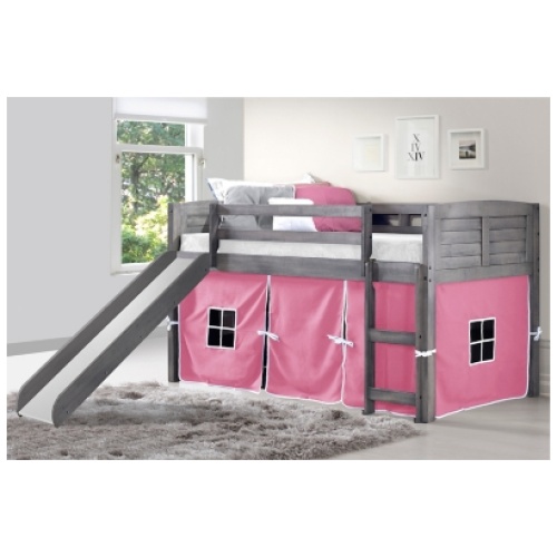Donco Kids Louver Twin Loft Bed with Slide and Tent, Antique Gray/Pink