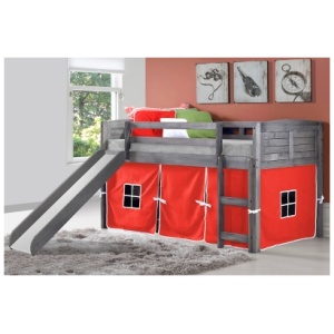 Donco Kids Louver Twin Loft Bed with Slide and Tent, Antique Gray/Red