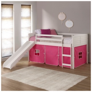 Donco Kids Louver Twin Loft Bed with Slide and Tent, White/Pink