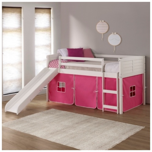 Donco Kids Louver Twin Loft Bed with Slide and Tent, White/Pink