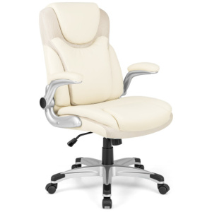 Ergonomic Office PU Leather Executive Chair with Flip-up Armrests and Rocking Function-White