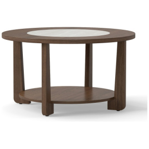Farmhouse Accent Round Coffee Table with 2-Tone Tabletop and Open Storage Shelf for Living Room-Brown