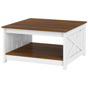 Farmhouse Coffee Table 31 Inch Square Coffee Table with Storage Shelf-White