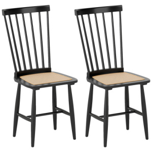 Farmhouse Solid Rubber Wood Dining Chairs Set of 2 with PE Rattan Seats-Black