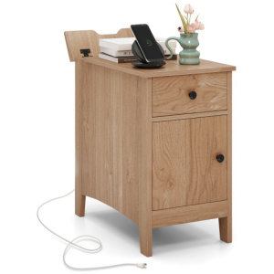 Flip Top End Table with Charging Station USB Ports Outlets and Drawer-Natural