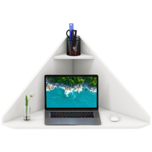 Floating Triangular Corner Computer Desk with Storage Shelf-White