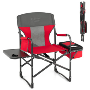 Folding Camping Directors Chair with Cooler Bag and Side Table-Red