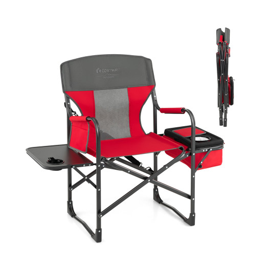 Folding Camping Directors Chair with Cooler Bag and Side Table-Red
