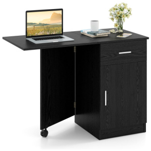 Folding Computer Desk with Drawer Mobile Home Office Desk with Cabinet-Black