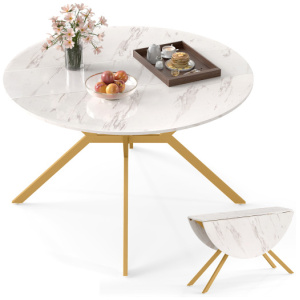 Folding Dining Table 47 Inch Extendable Round Kitchen Table with Drop Leaves-White