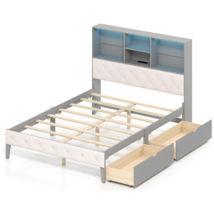 Full Size Bed Frame with Bookcase Headboard and LED Lights-Gray