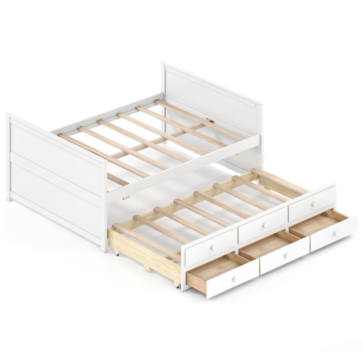 Full Size Bed Frame with Twin Trundle and 3 Storage Drawers for Teens Adults-White