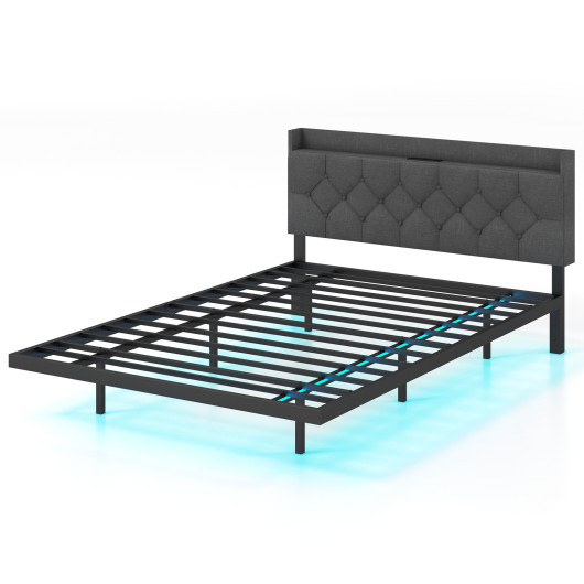 Full/Queen Size Floating Bed Frame with LED and Headboard and Charging Station-Full Size