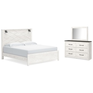 Gerridan King Panel Bed with Mirrored Dresser, White/Gray