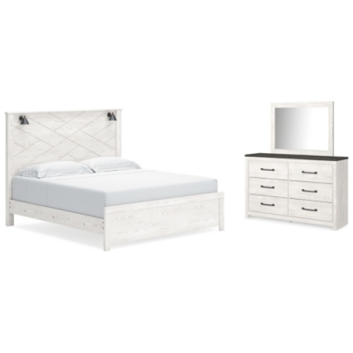Gerridan King Panel Bed with Mirrored Dresser, White/Gray